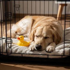 dog resting in a crate with a blanket and toy to ease separation anxiety 89a7bd0a 9759 406f 828a 4788eeb3d039