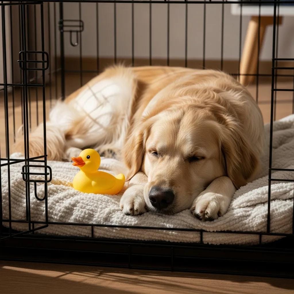 dog resting in a crate with a blanket and toy to ease separation anxiety 89a7bd0a 9759 406f 828a 4788eeb3d039