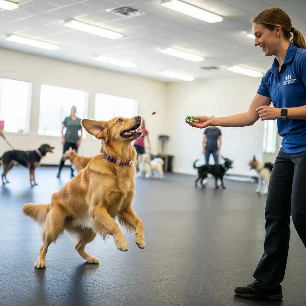 Dog engaged in clicker training with a trainer in a positive training environment