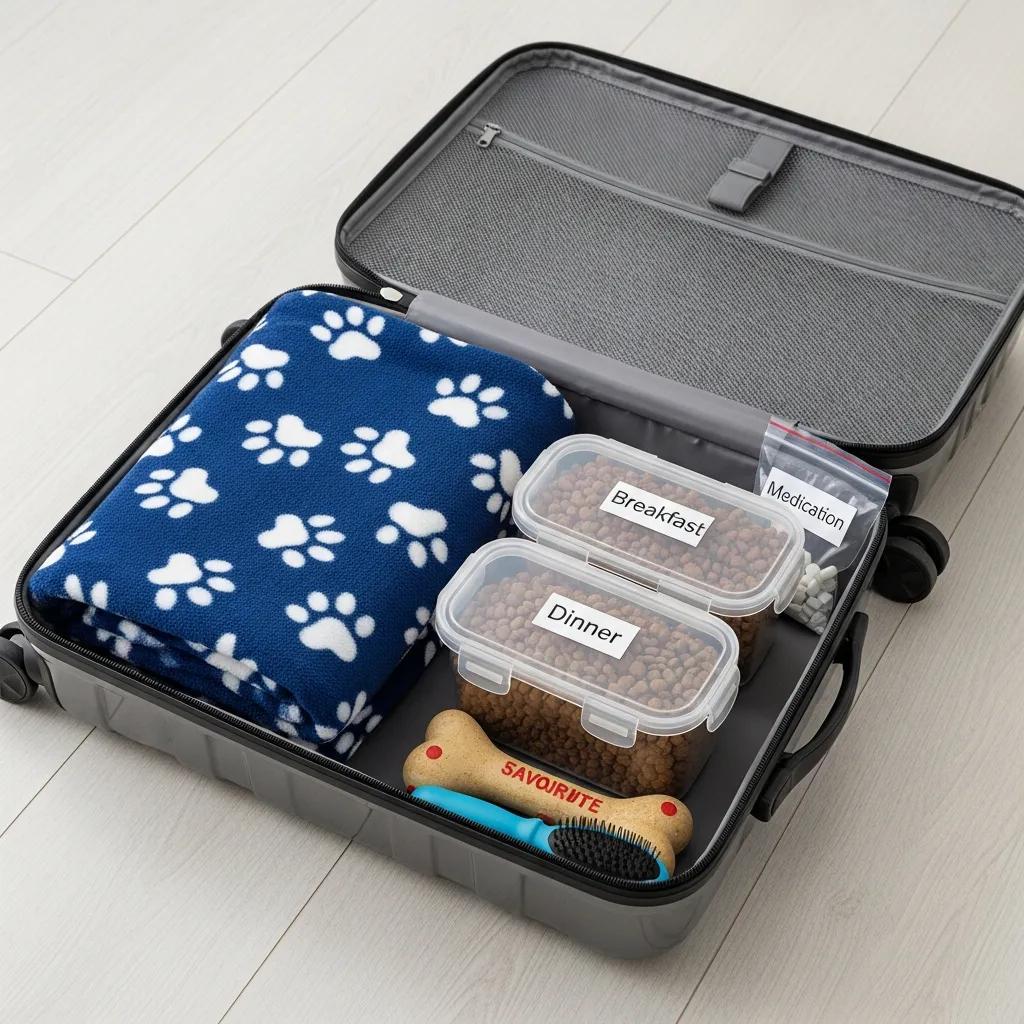 Dog boarding essentials kit prepared for stay at Topanga dog boarding facility in Los Angeles