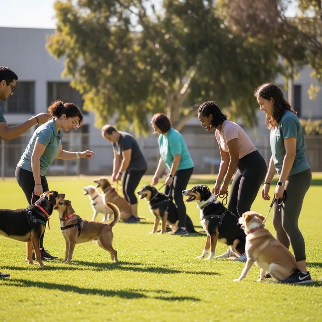 Dogs training outdoors with trainers at Topanga dog training center Los Angeles
