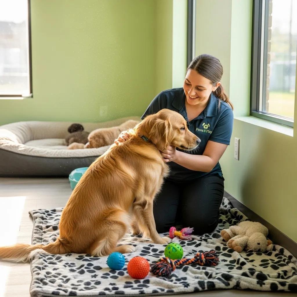 Dog relaxing indoors with trainer at Topanga dog boarding facility in Los Angeles