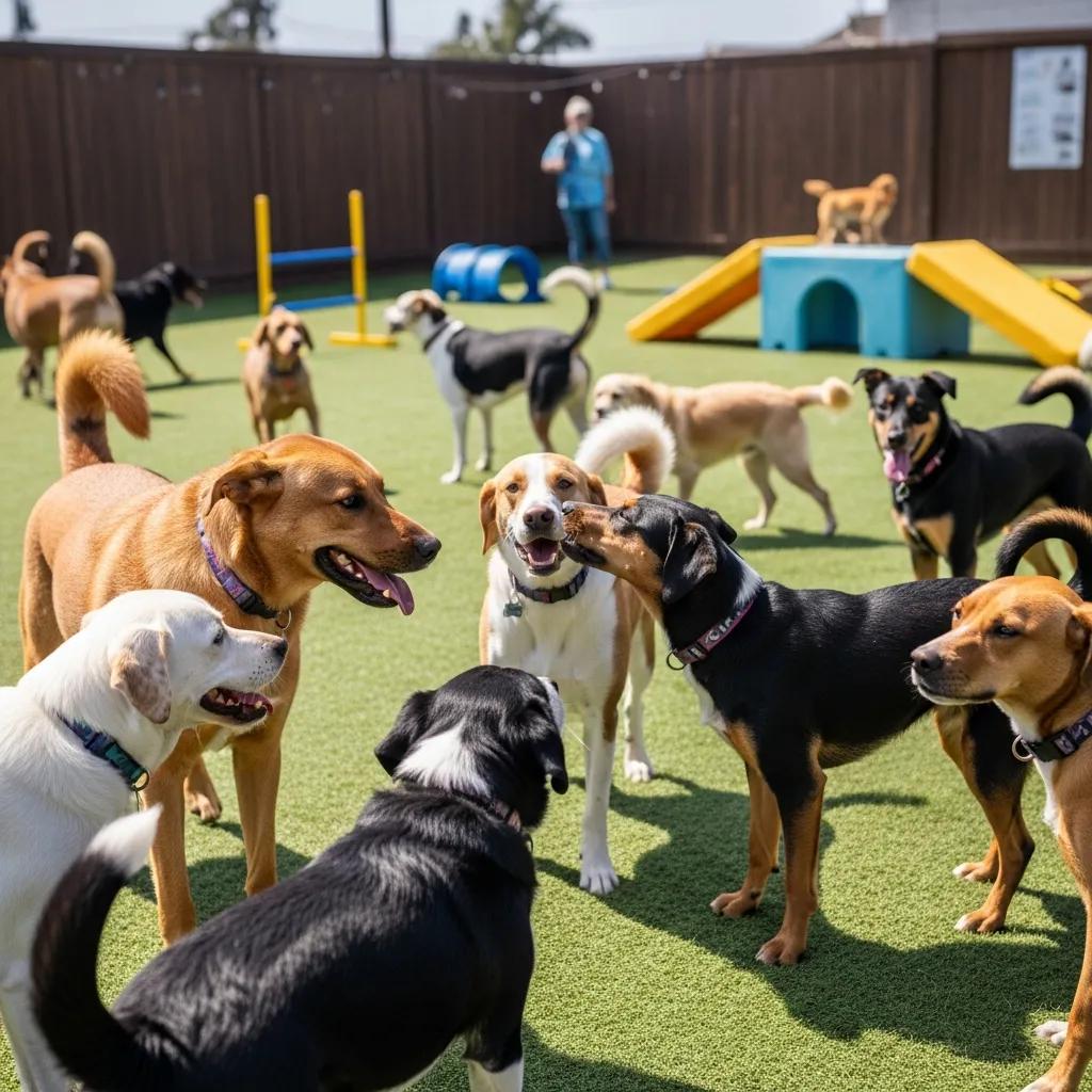 Happy dogs playing in a sunny dog daycare in Los Angeles, showcasing socialization and play