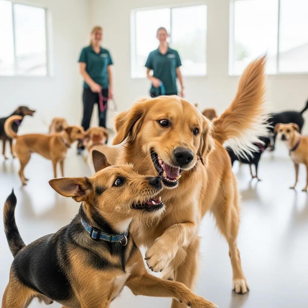 A dog running happily in a dog daycare, highlighting physical activity and health benefits