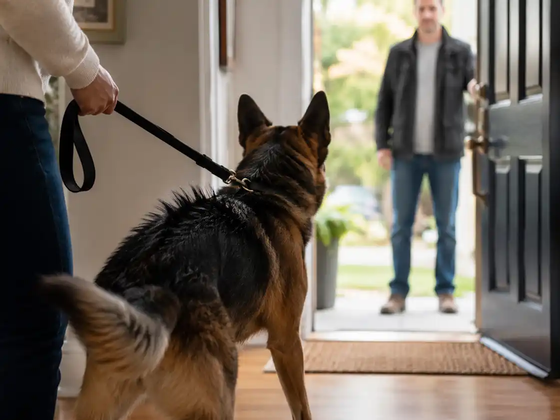 Dog reacting to guest arrival during behavioral training at Topanga dog training facility Los Angeles