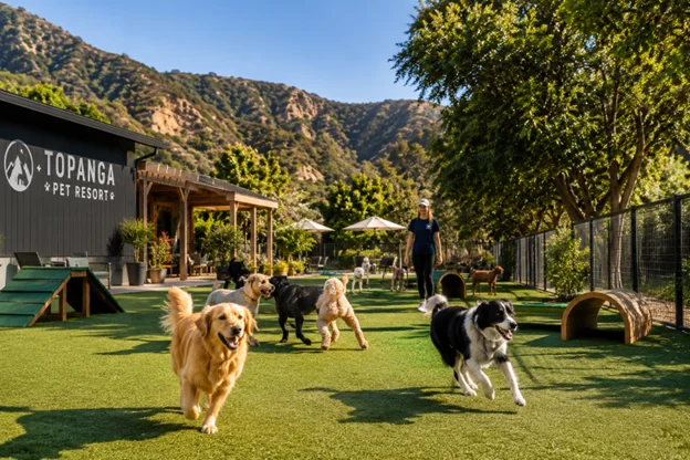 Dogs playing outdoors at Topanga dog boarding resort with canyon views Los Angeles
