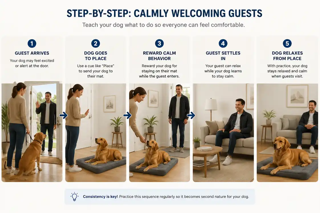 step by step how to calmly welcom guests topanga dog training