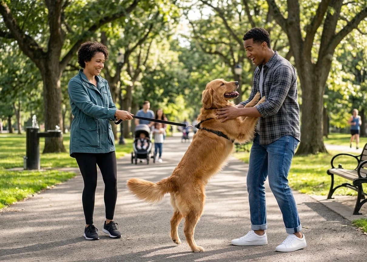 A golden retriever on a leash jumps up on a man while walking with its owner along a paved park path.