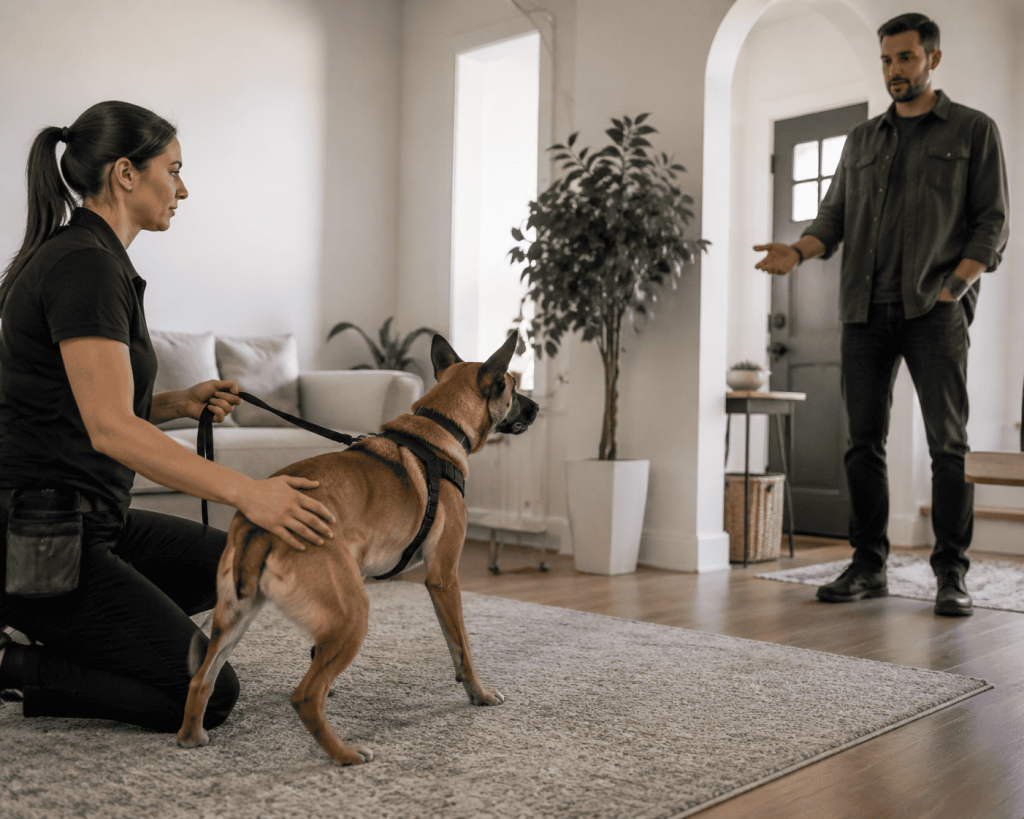 Professional trainer calmly working with a reactive dog during a controlled guest introduction